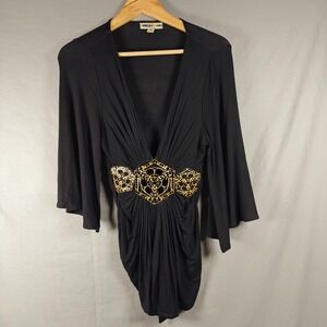 Virgin Only Black Kimono Sleeve Tunic Top Gold Filigree Hardware Size M